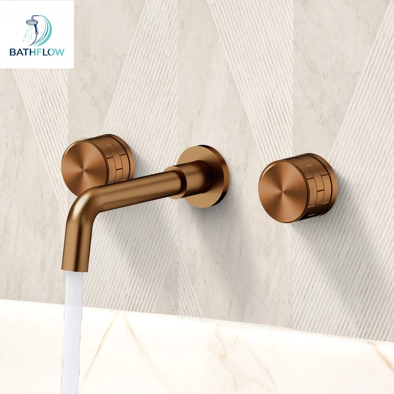 Minimalist Brass 2-Handle Wall-Mounted Bathroom Sink Faucet. Modern Brushed Gold Hot and Cold Water 3-Hole Fit Basin Mixer Tap