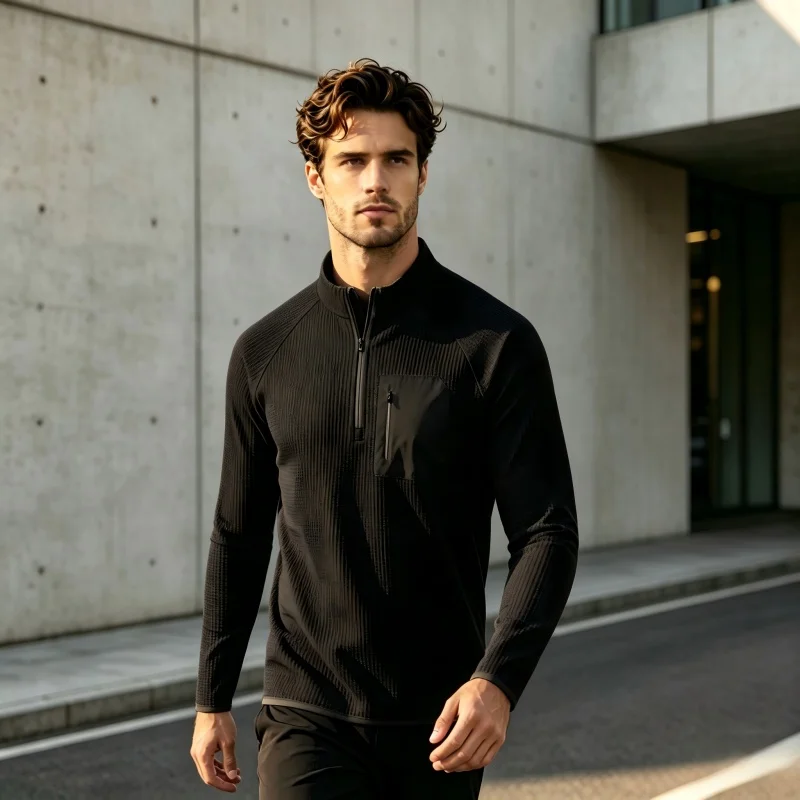 Herren Langarm-T-Shirt mit halbem Reißverschluss, atmungsaktiv, schnelltrocknend, knitterfrei, strapazierfähig, mit dekorativer Tasche, Herbstmode, neue Herrenbekleidung – Detail 15