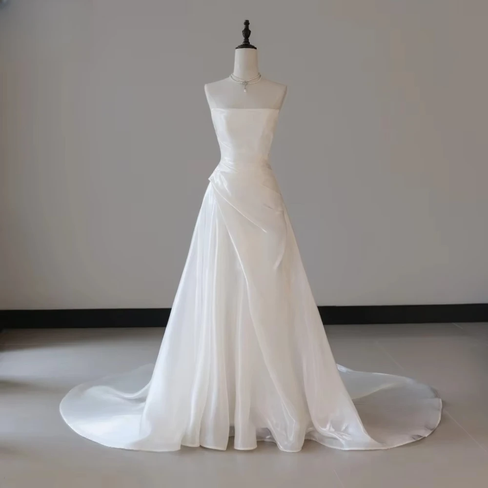 Customized Minimalist Strapless Organza A-Line Wedding Dress with Draped Bodice and Corset Back Bridal Reception Simple Modern