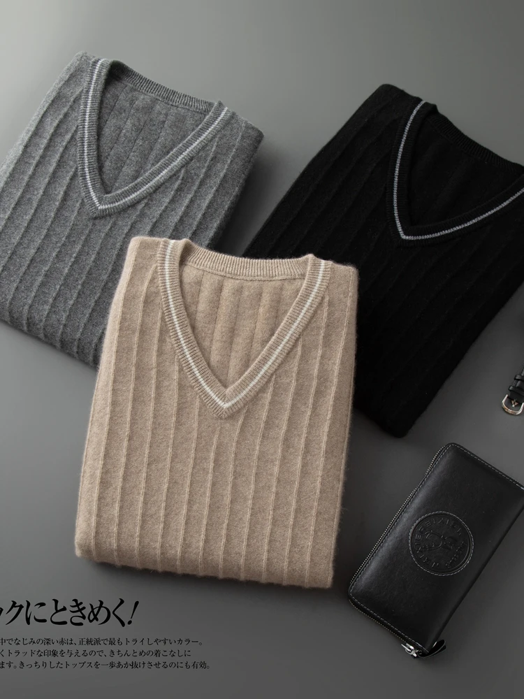 100% Pure Cashmere Vest Spring/Autumn Men's V-neck Sleeveless Sweater 2024 High-grade Warm Knit Vest All-match Waistcoat