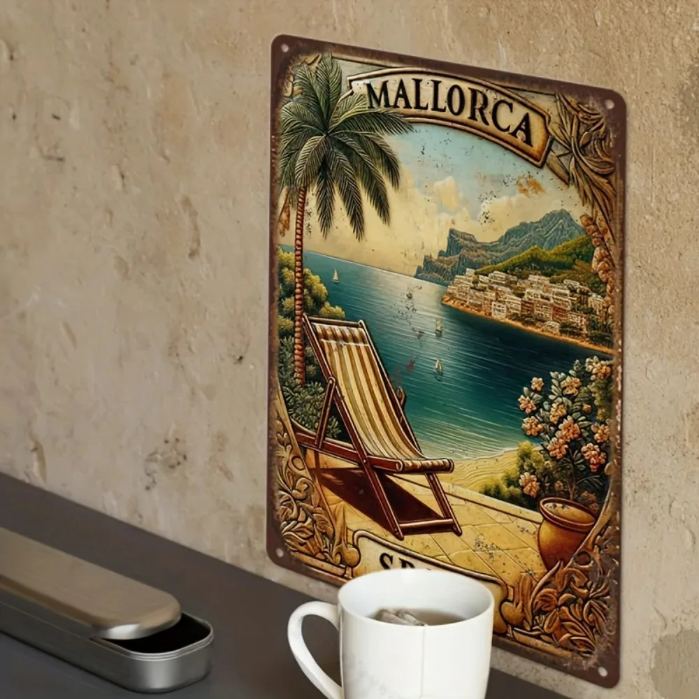 

Mediterranean Time Scroll" Distressed Aluminum Mallorca Poster – Vintage Travel Art with Olive Grove Silhouette & Sailboat Motif