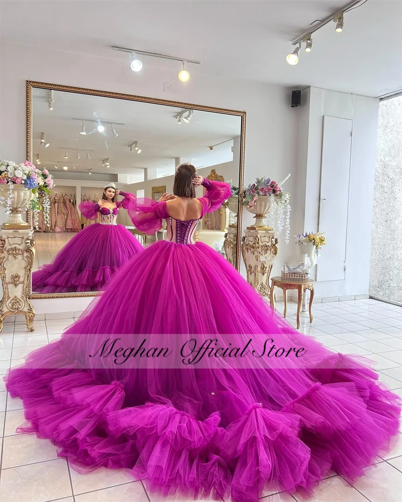 México púrpura fuera del hombro vestido para quinceañeras 2025 con cuentas de cristal corsé vestido de fiesta vestido de baile volantes dulce 16 personalizado