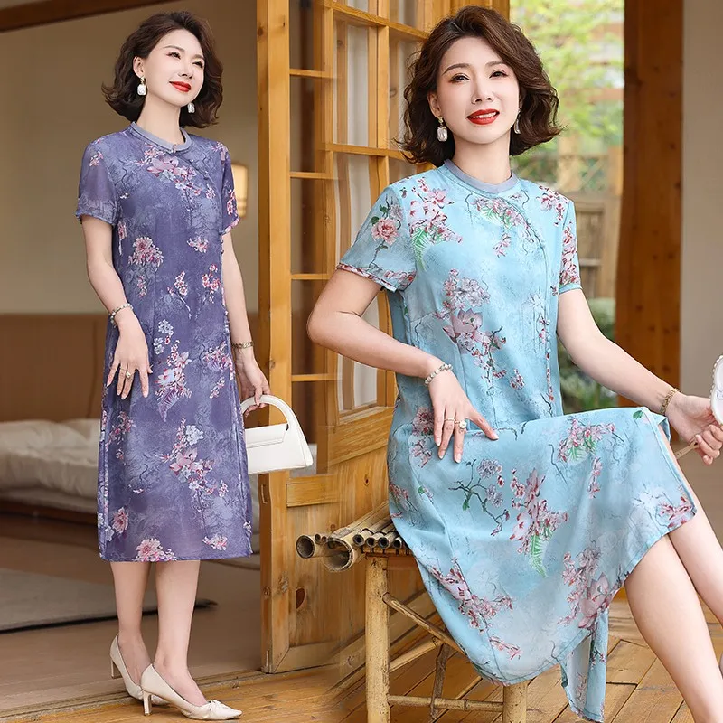 Nieuwe Chinese Stijl Traditionele Qipao Jurk Vrouwen Verbeterde Dagelijks Chiffon Qipao Jurk Bloemenprint Moderne Cheongsam