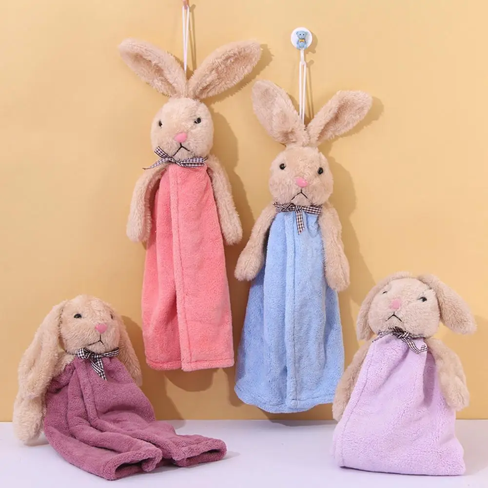 Cartoon Rabbit Design Hanging Hand Towel Quick Dry Strong Water Absorption Dish Towel Microfiber Coral Fleece Cleaning Cloth