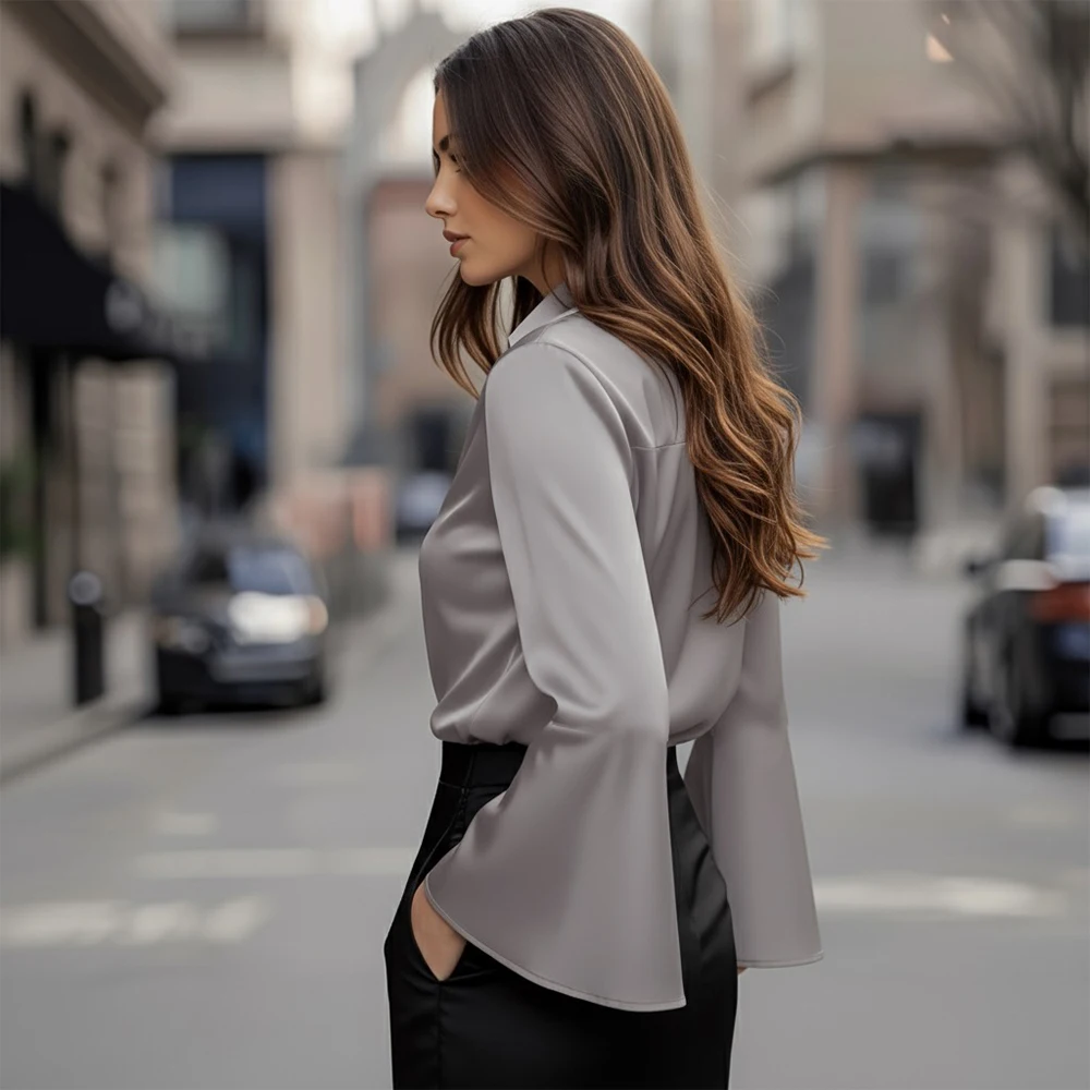 Abito a camicia primaverile Colletto alto autunnale Stile regolare Top da donna casual Design semplice ed elegante alla moda