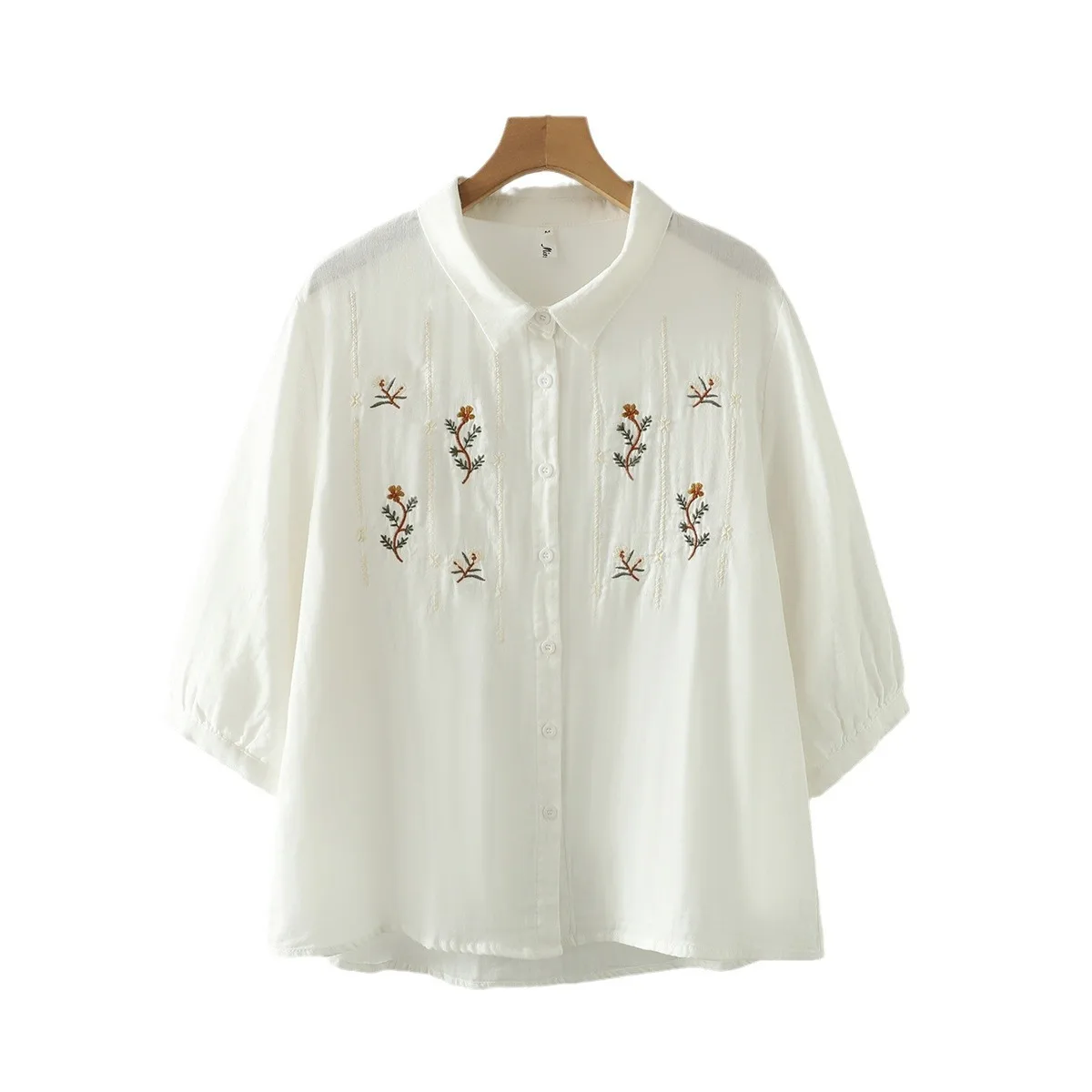 New Summer Cotton Yarn Casual Shirt Women Lapel Short Sleeve Embroidery Tops Girl Loose Sweet OL Blouses 2024 Autumn T45820QC