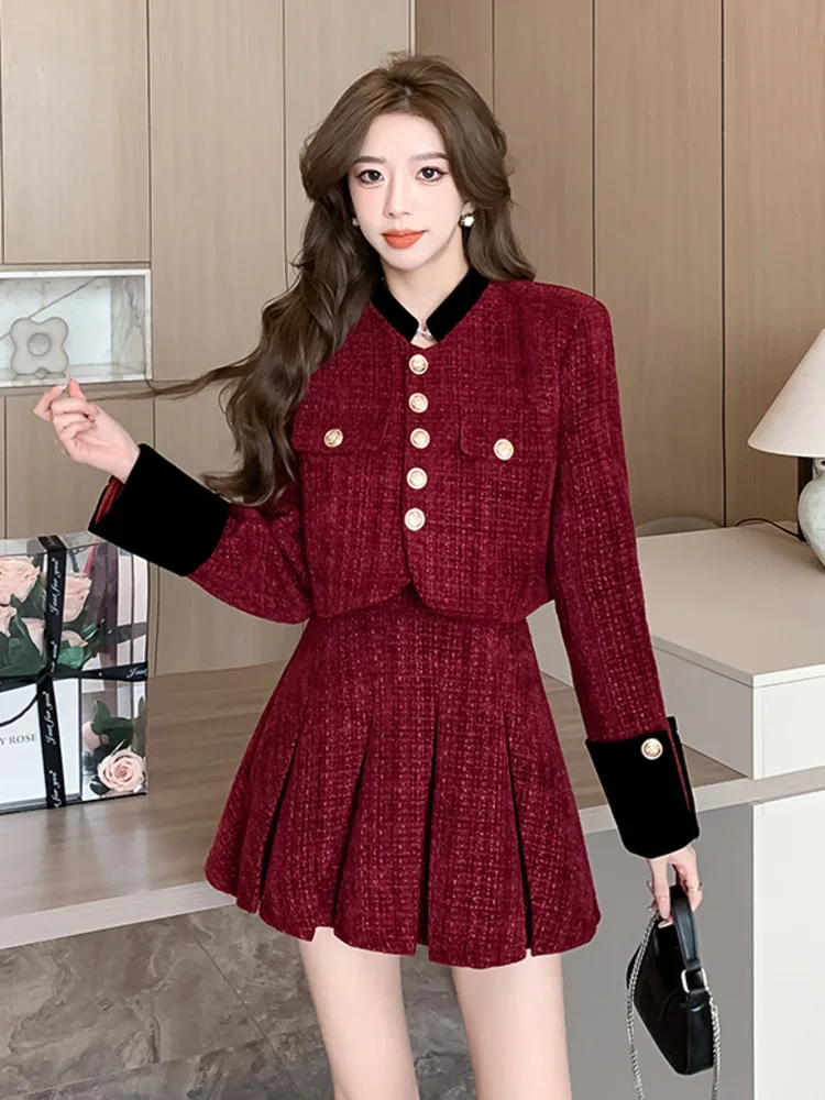 High Quality Small Fragrant Tweed Two Piece Set For Women Korean Sweet Short Jacket Coat + Pleated Skirt Sets Conjuntos Cortos