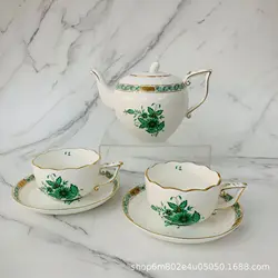 High end European luxury green leaf woven pattern hand-painted tableware, gilded painted plates, coffee cups, plates, teapots