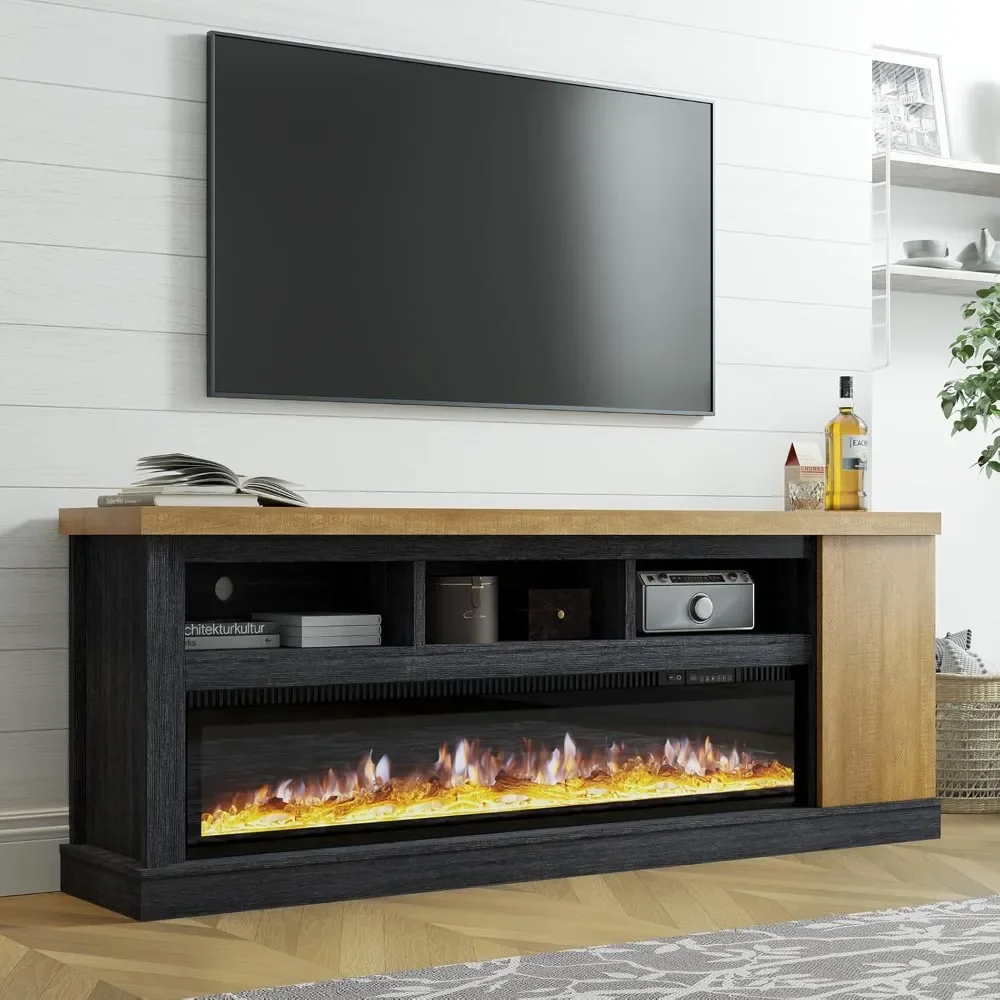 75” Fireplace TV Stand with 60” Electric Fireplace, Chunky Entertainment Center with Wood Grain, Color Clash Entertainment Stand