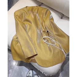 Shiny Yellow Suit Jacket Women High-end V-neck Coat Autumn Winter High-end Loose Office Lady Outerwears Versatile