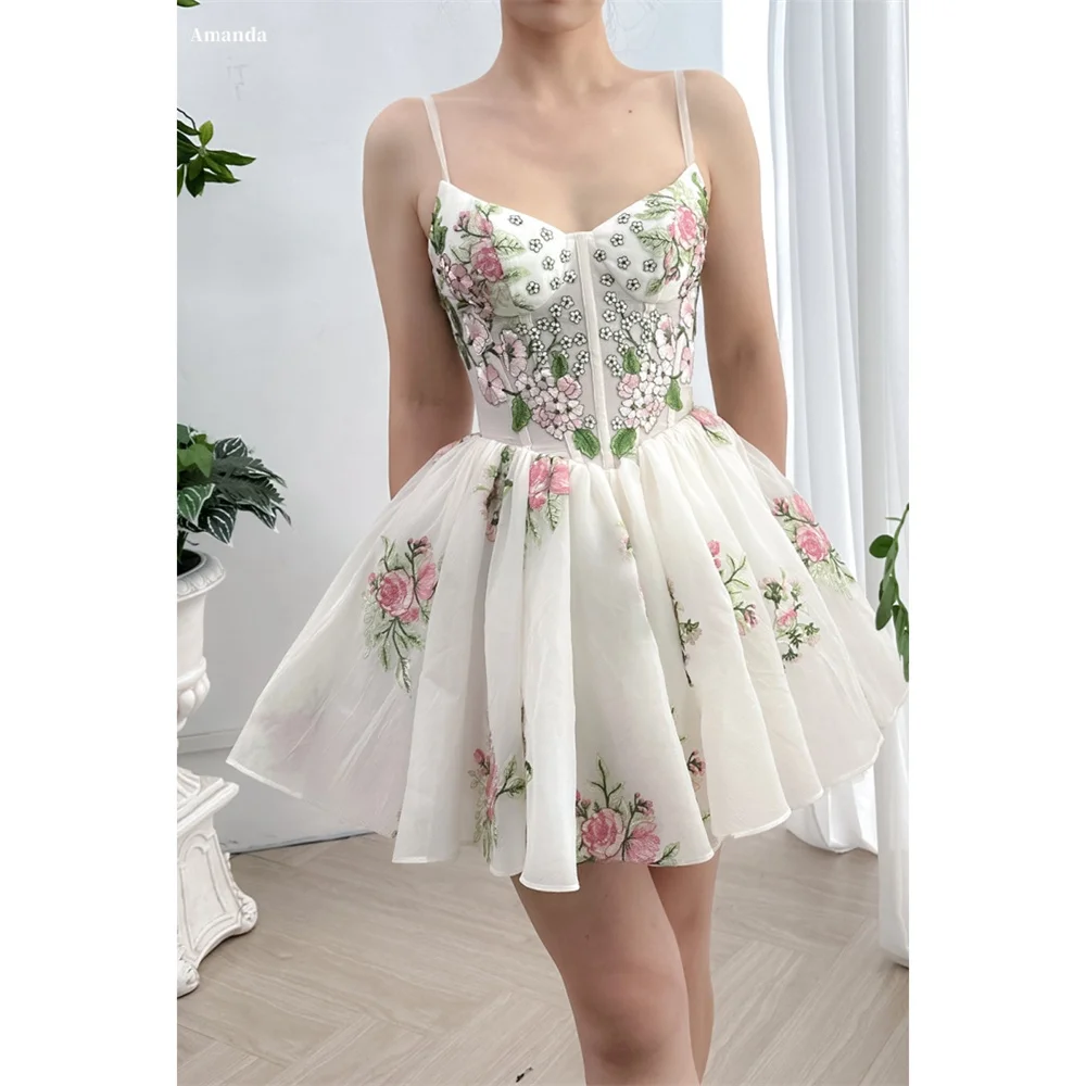 Amanda Customized Spaghetti Strap Floral Prints Ball Gown Mini Prom Dresses Lace-up vestidos de noche Sleeveless Formal Evening