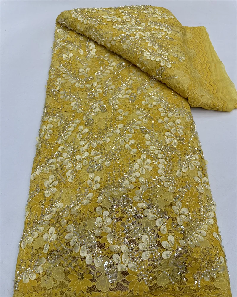 African Heavy Handmade Beaded Lace Tulle Fabric Swiss Luxury High Quality Sequin Fabric Nigeria For Wedding Prom Dress Sew