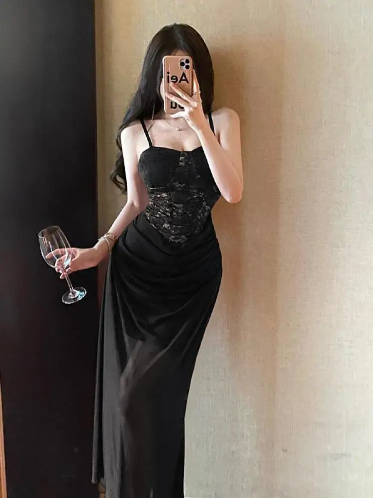 

Summer French Black Patchwork Lace Elegant Backless Pleated Spaghetti Strap Long Dress Women's Red Sexy Holiday Party Dress Chic