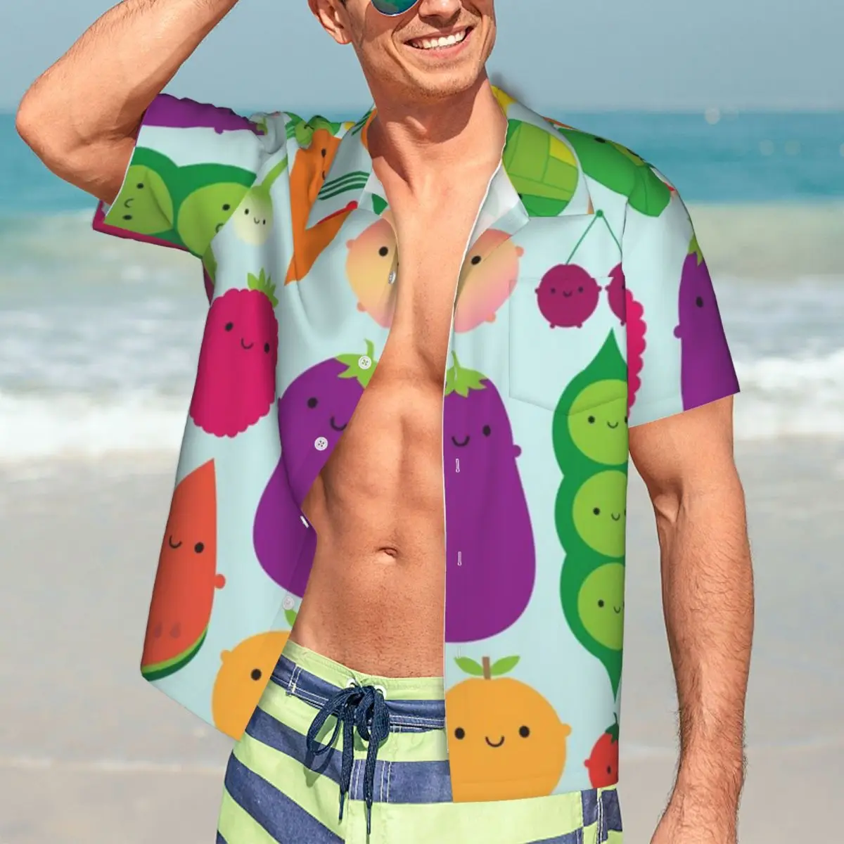 

5 A Day Fruit And Vegetables Hawaiian Shirts Fashion Men Short Sleeve Shirt for Summer Beach Men's Button Tops