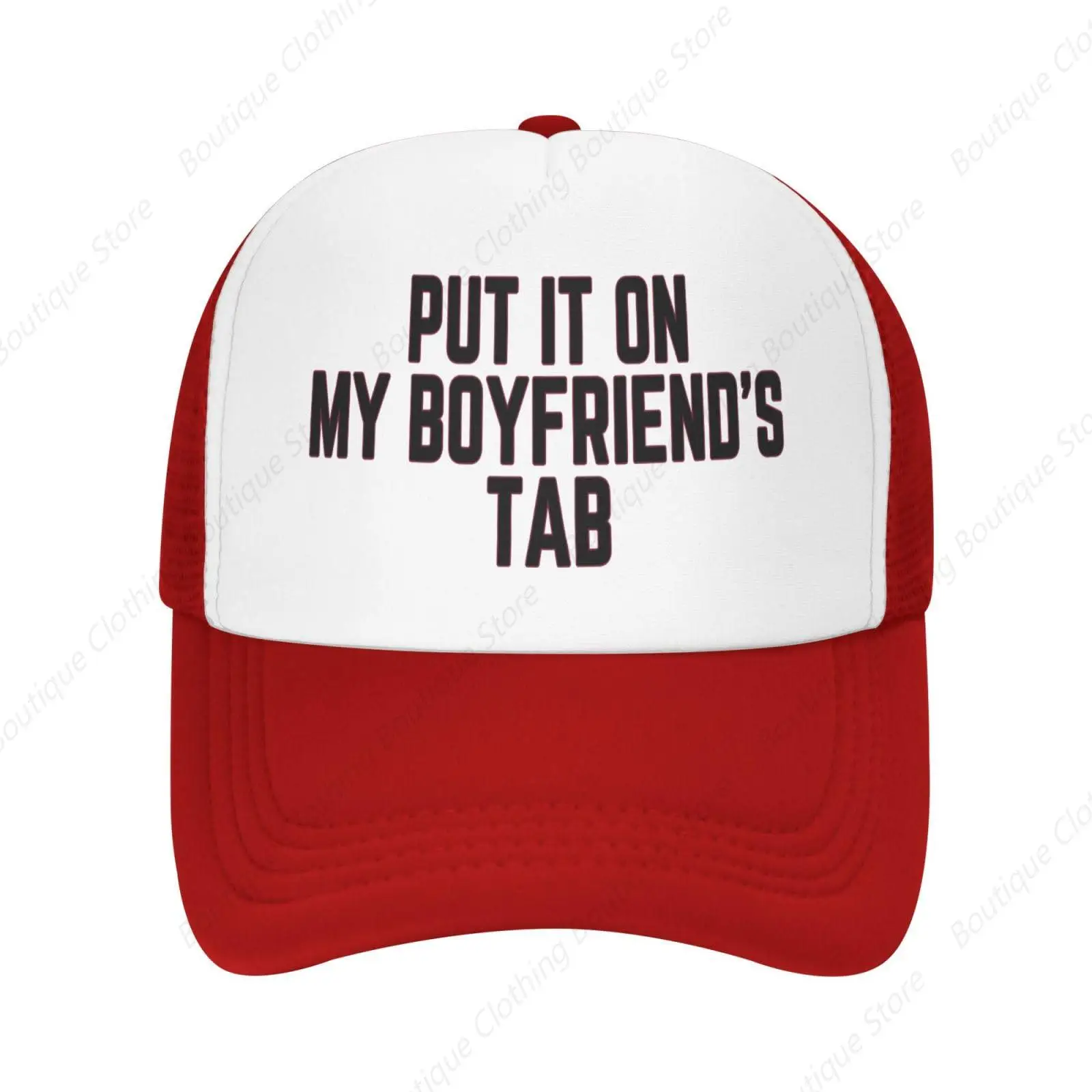 

Put It On My Boyfriend's Tab Mesh Hat Men Women Trucker Hat Baseball Cap Dad Gift Red