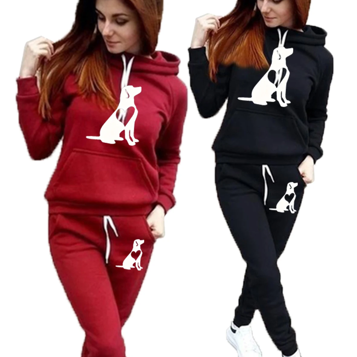 

Winter New Cute Dog Women Sportsuits Two Piece Suits Hooded Sweatshirts Long Pants Fashion Sets