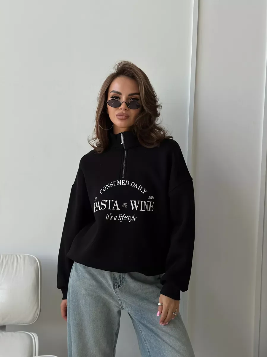 ครึ่งเปิดซิปLapelเสื้อหลวมกีฬาผู้หญิงPullover Retro PASTA WINE Letterพิมพ์แฟชั่นStreetwear