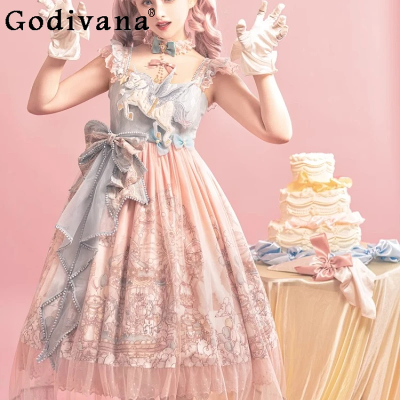 

Original Embroidery Print Girl Dress Bow Design Nechlace Cute Lolita Dress Women's Sweet Princess Cosplay Long Dress