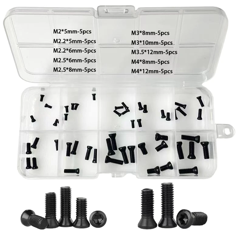 

50-piece cutter arbor screw set with 10 alloy steel Torx screws for CNC turning tools/inserts (M2, M2.2, M2.5, M3, M3.5, M4)