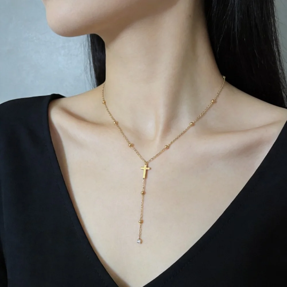 1pc Y-shaped Long Cross Pendant Necklace Stainless Steel Chain with Sparkling Cubic Zirconia Fashion Simple Elegant Women Neckla