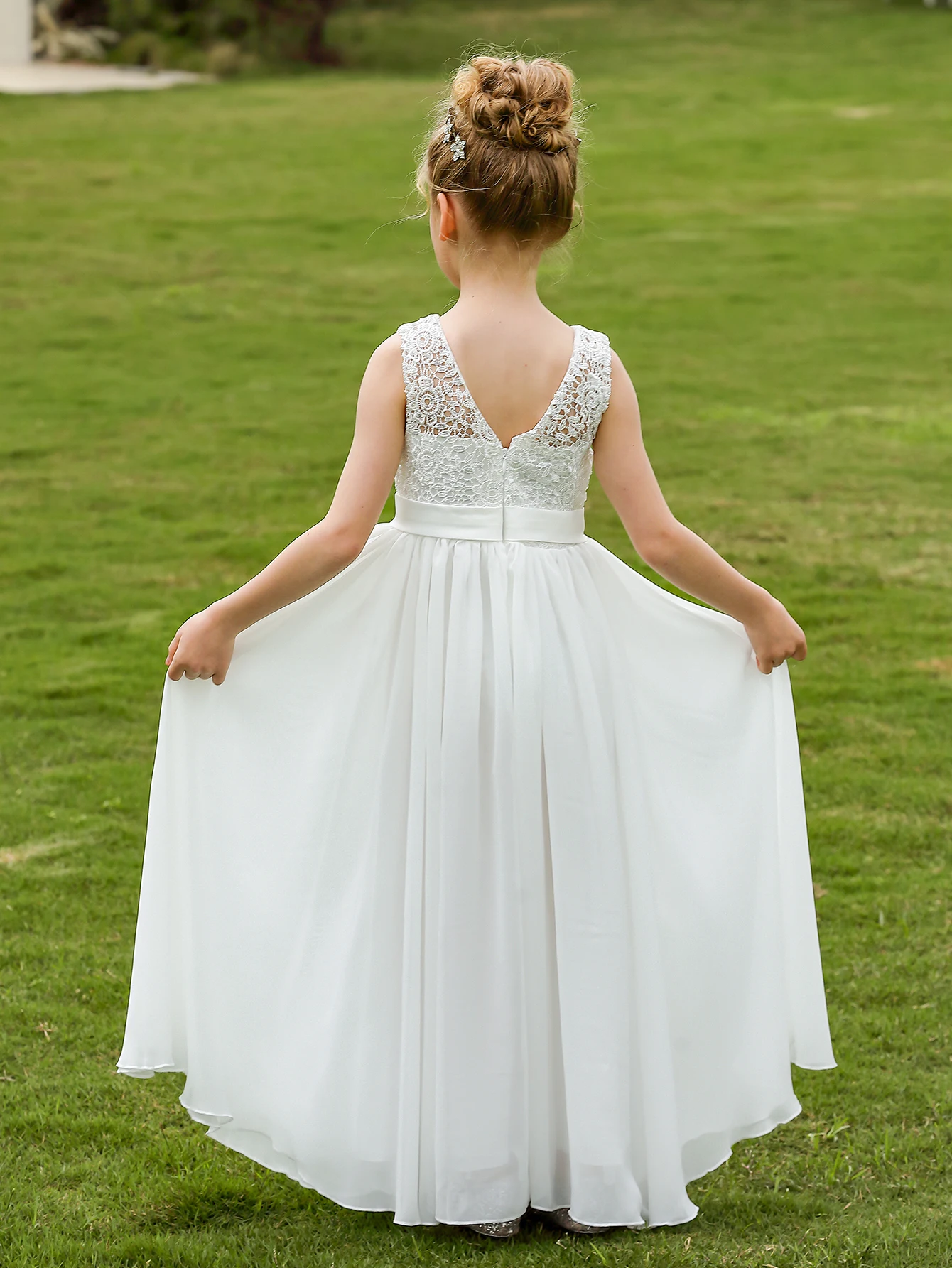 Girls White Lace Sleeveless Flower Girl Dress Kids Chiffon Long Maxi Princess Gown for Wedding Birthday Pageant