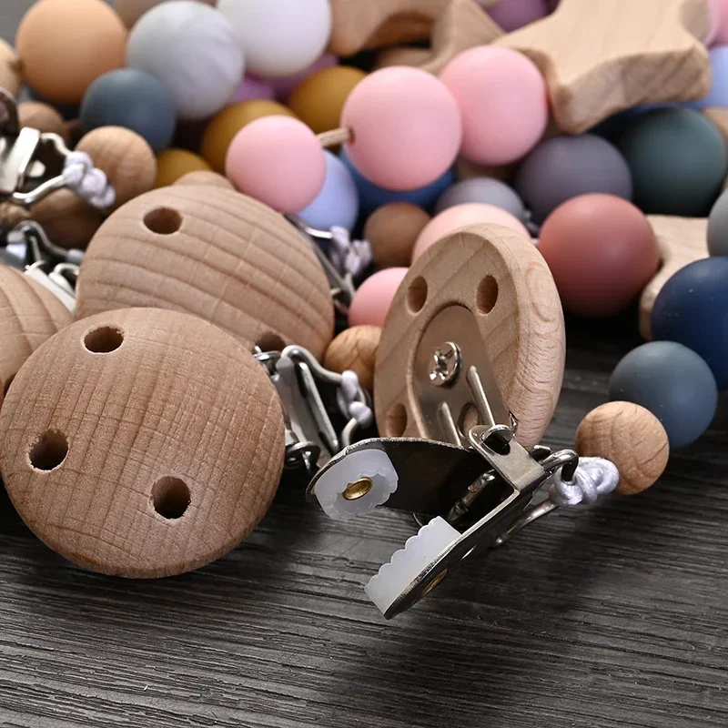 New Baby Pacifier Chain Clips Wood Pentagram Teether Silicone Round Beads Teething Chain For Care Soother Chew Toys Shower Gift