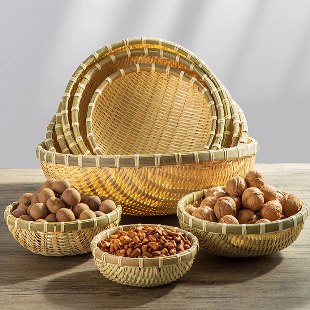 

3 Pieces Bamboo Basket Tray H woven Fruit Vegetable Storage Multipurpose Kitchen Decor Craft Food Bread Eco Drainage