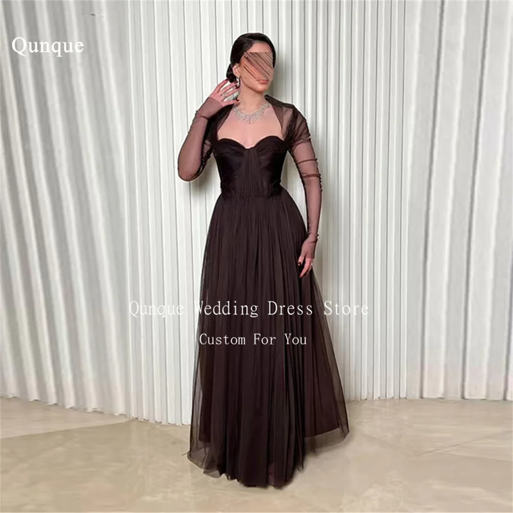 Qunque Elegant Tulle Evening Dresses Women Brown Full Sleeves Party Dress Floor-Length Sweetheart Robes De Soire Customized