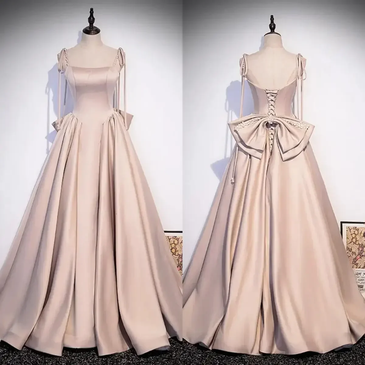 

Evening Dress Shiny Satin Khaki Quatliy Spaghetti Strap Beads Bow Pleat A-line Floor Length Plus size Woman Party Formal Gown