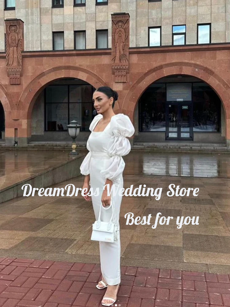 DREAM Customized Simple Iovry A-Line Wedding Dresses Square Collar Lantern Sleeves Bridal Gowns Ankle-Length Vestido Novia Boda