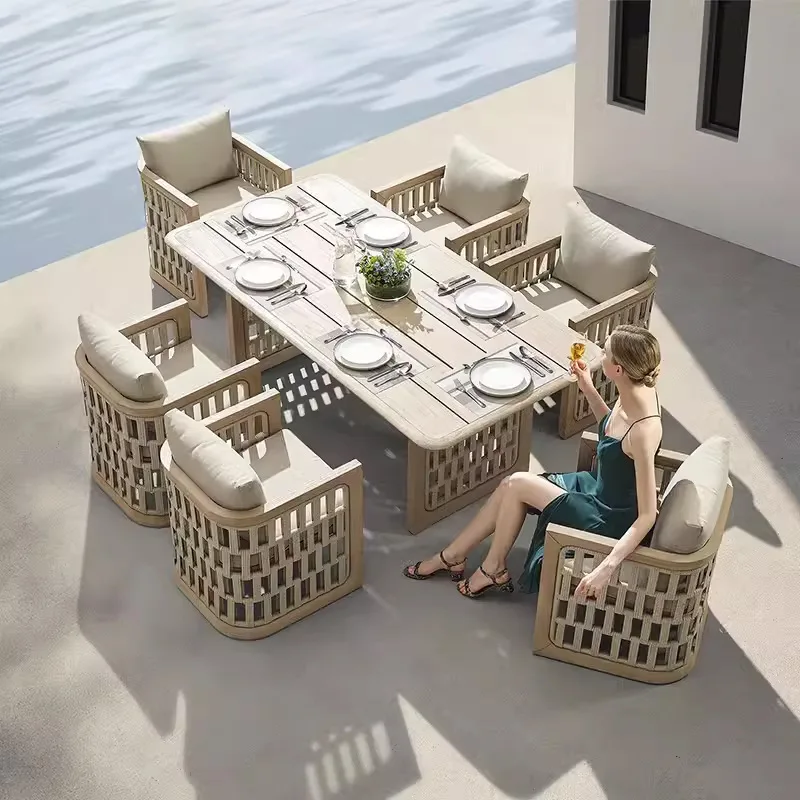 gj-Outdoor Tables and Chairs Courtyard Dining Table Homestay Waterproof Outdoor Outdoor Garden Balcony Solid Wood Rattan Chairs&