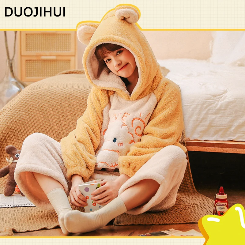 DUOJIHUI Soft Hooded Winter Flannel Thick Warm Onesie Women Female Cute Long Sleeve Fashion Print Loose Simple Sleepwear Onesies