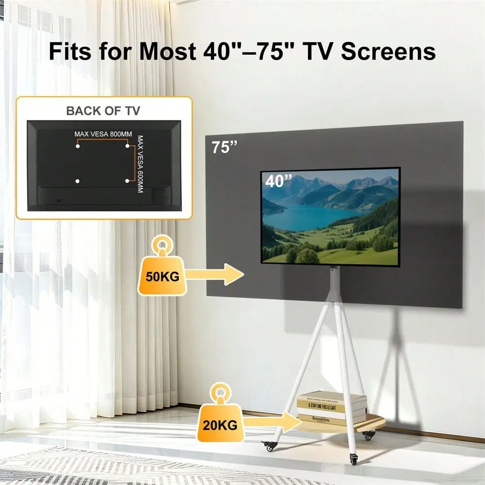 Mid Century TV Floor Stand For 40 75 Corner TV Stand With Wheels Round Shelf Height Adjustable Rolling TV Mount Tripod Base, Ma - view 6