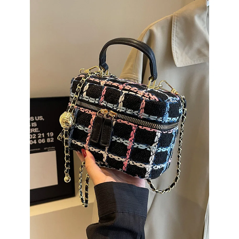 Fashion Plaid Print Tweed Crossbody Bag for Women Casual Versatile Female Shopping Chain Shoulder Pack Large Capacity Handle Bag