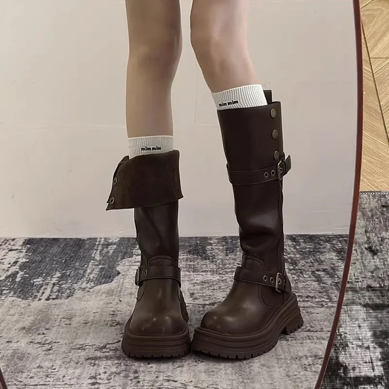Botas Largas Retro negras para mujer, ropa doble, estilo caballero de tubo alto, parte inferior gruesa, zapatos de tacón alto sin rodilla para primavera y otoño