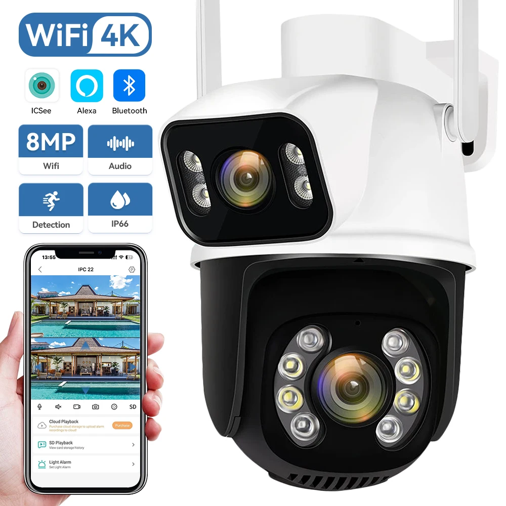 8MP 4K Dual Lens Wifi PTZ Camera Smart Home Night Vision Dual Screen Outdoor 6MP Security Protection CCTV IP Camera ICSEE APP