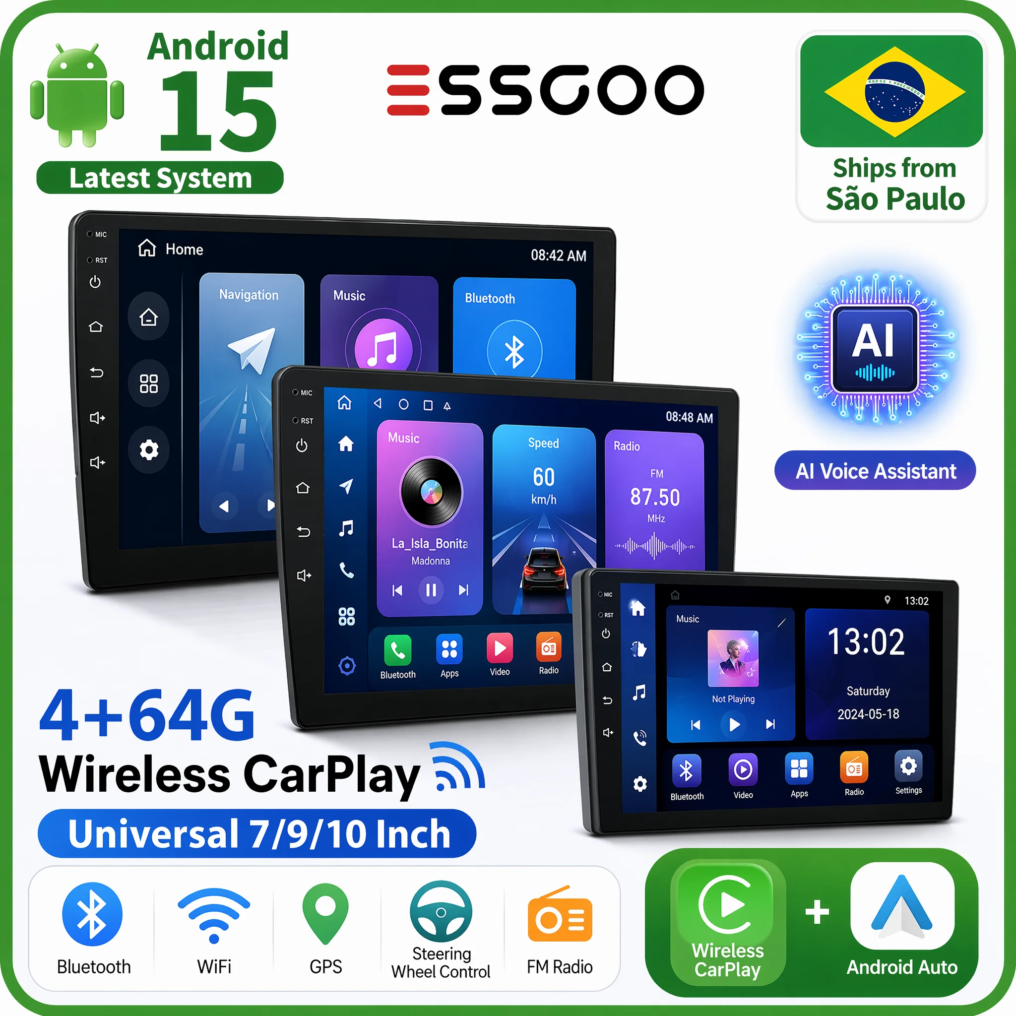 ESSGOO Rádio Android 15 Carro com Carplay Sem Fio