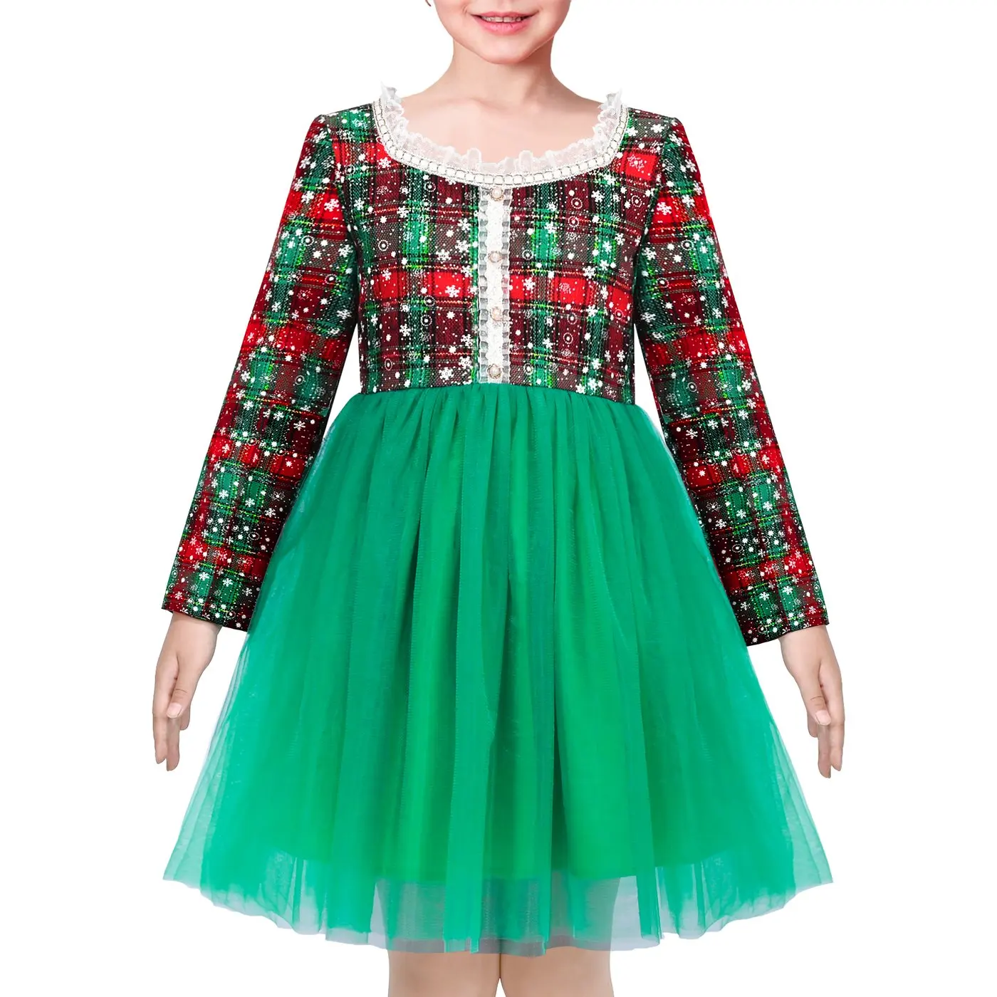Girls Dress Red Green Plaid Checks Snowflake Pearl Tutu Christmas Holiday