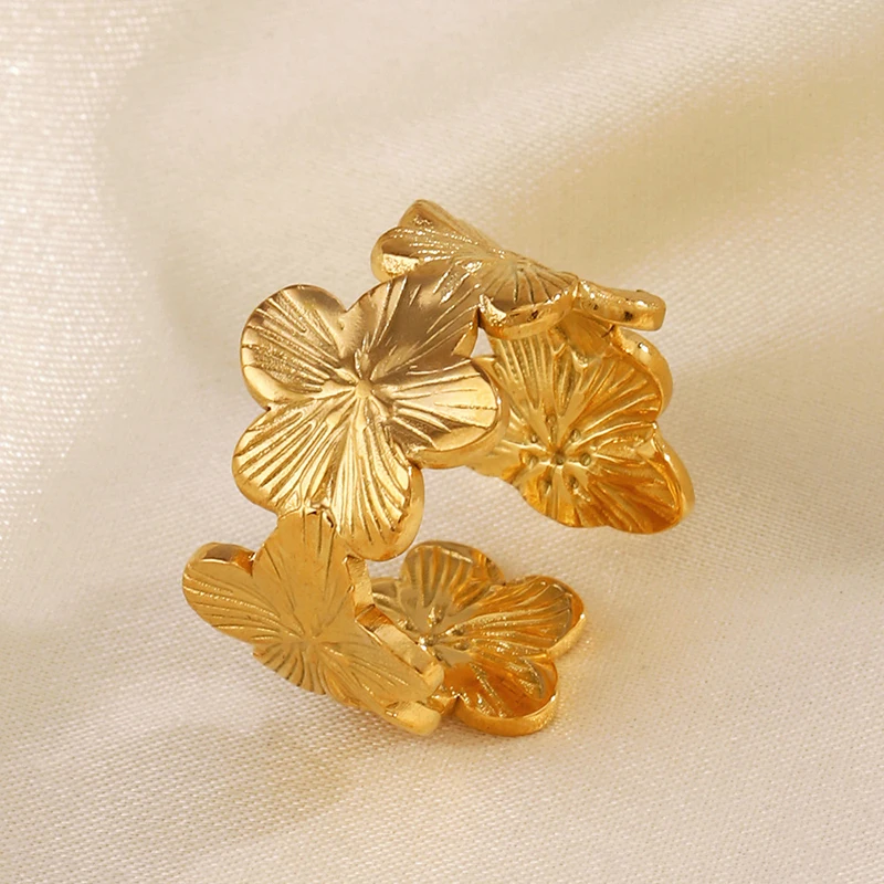 Women's 18K Gold PVD Plated Flower Adjustable Opening Ring