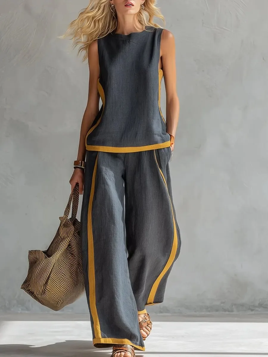 

Elegant O- Neck Sleeveless Pullover & Long Pant Suit Women Casual Pocket Loose 2Pc Set Contrasting Color Summer Sportswear
