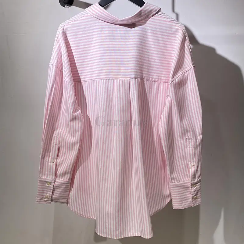 Garaouy 2023 Summer Women Chic Pink Striped V-neck Single Breasted Shirt Basic Casual Versatile Loose Blouse Female Blusas Tops