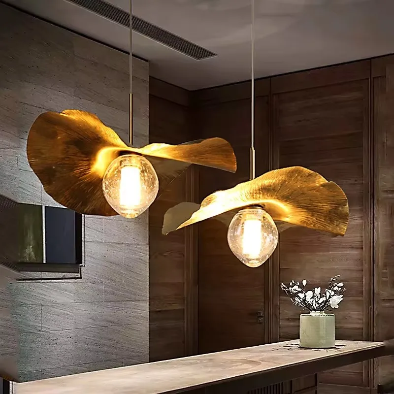 

Postmodern Light Luxury All Copper Lamp Creative Restaurant Living Room Bar Retro Alternative Designer Lotus Leaf Pendant Light