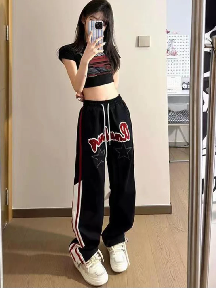 

QWEEK Y2k Striped Vintage Baggy Sweat Pants Women High Waist Hippie Star Embroidery Trousers Casual Streetwear Oversize Pants