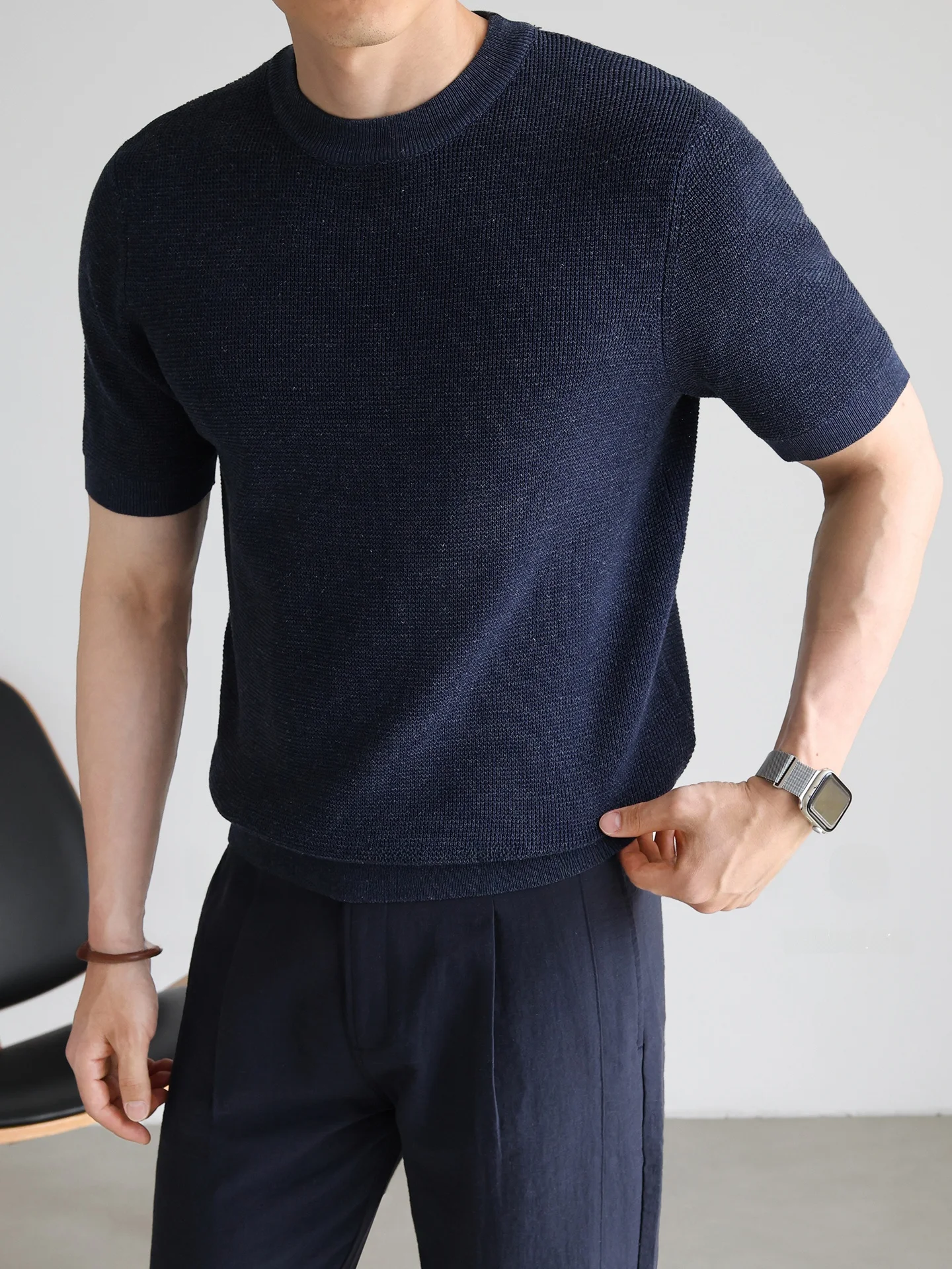 Elegant Men's Short Sleeve Knitted T-Shirt Linen Blend Casual Wear Breathable Comfortable Summer Fashion Standard Fit round Neck