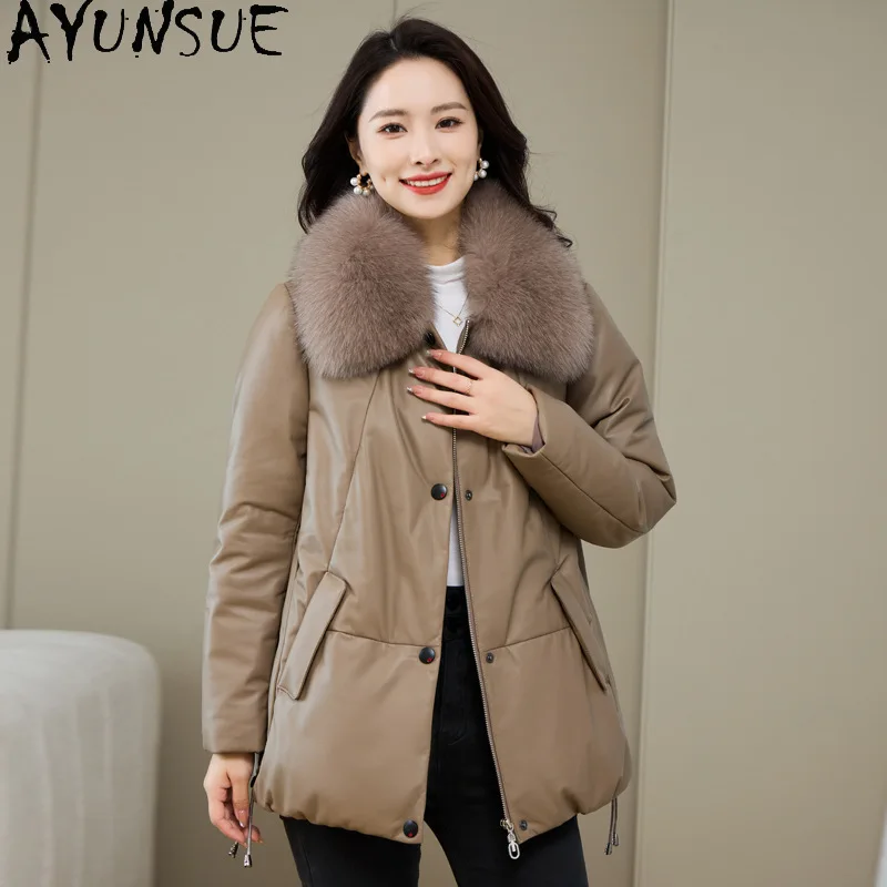 AYUNSUE Sheepskin Genuine Leather Jacket Women Warm Fox Fur Collar Womens Coats Winter Clothes Mid-length White Duck Down Coat