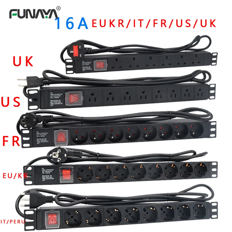 16A EU IT Universal Power PDU Socket UK US Universal 3500W AC250V Cabinet 6 8 Outlets Alloy Strip with Double Disconnect Switch