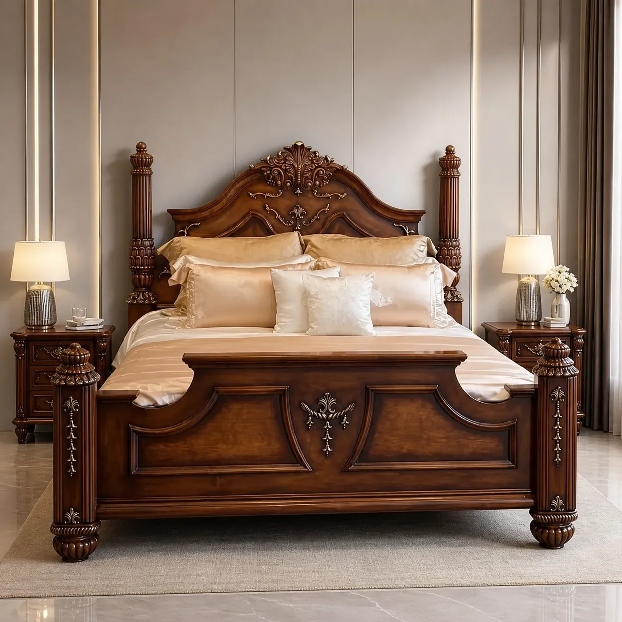 Luxury American Style Solid Wood Carved King Size 1.8m Bedroom Bed with Roman Columns for Modern and Vintage Master Bedrooms