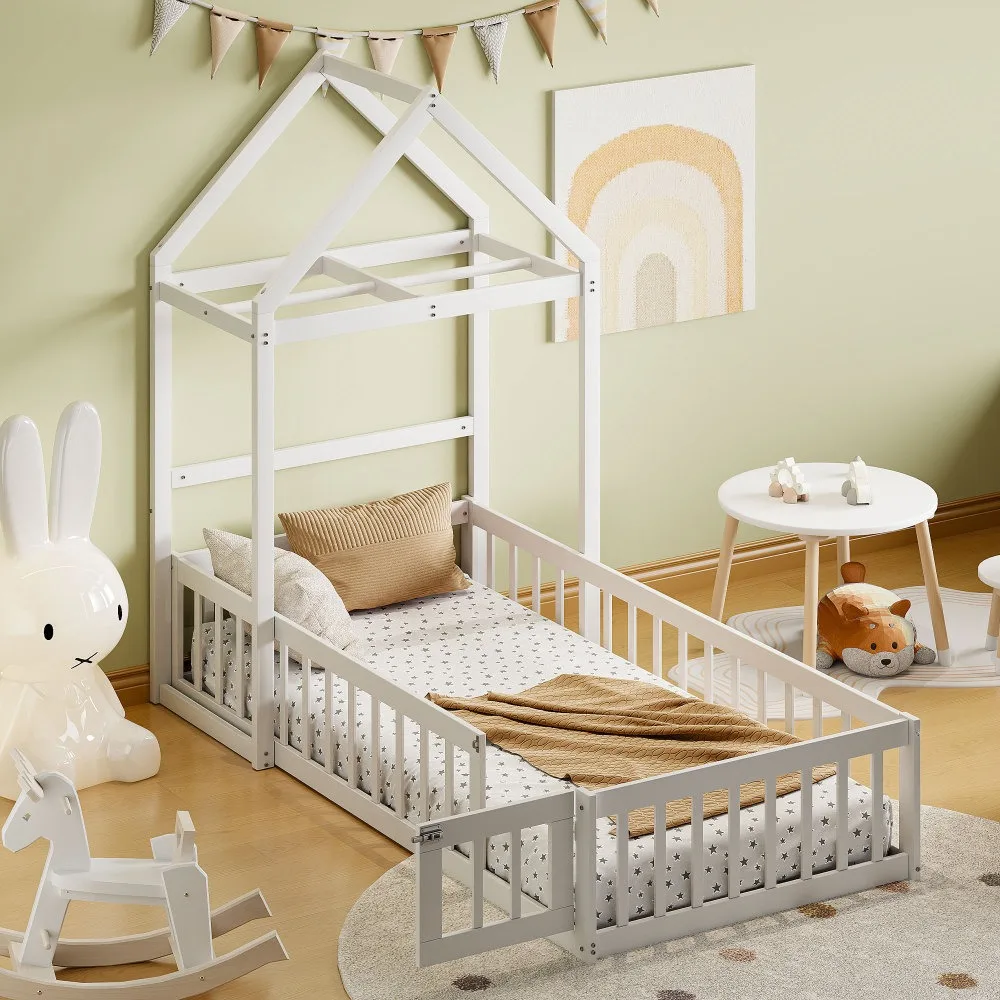 Wooden floor bed with fence railing and detachable house shape, twin bed with children's dressing rack, Montessori style