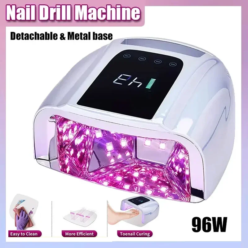 96Wミラー反射UV LEDネイルランプコードレスワイヤレスマニキュア乾燥機、メタルパッド付き充電式ネイルライト