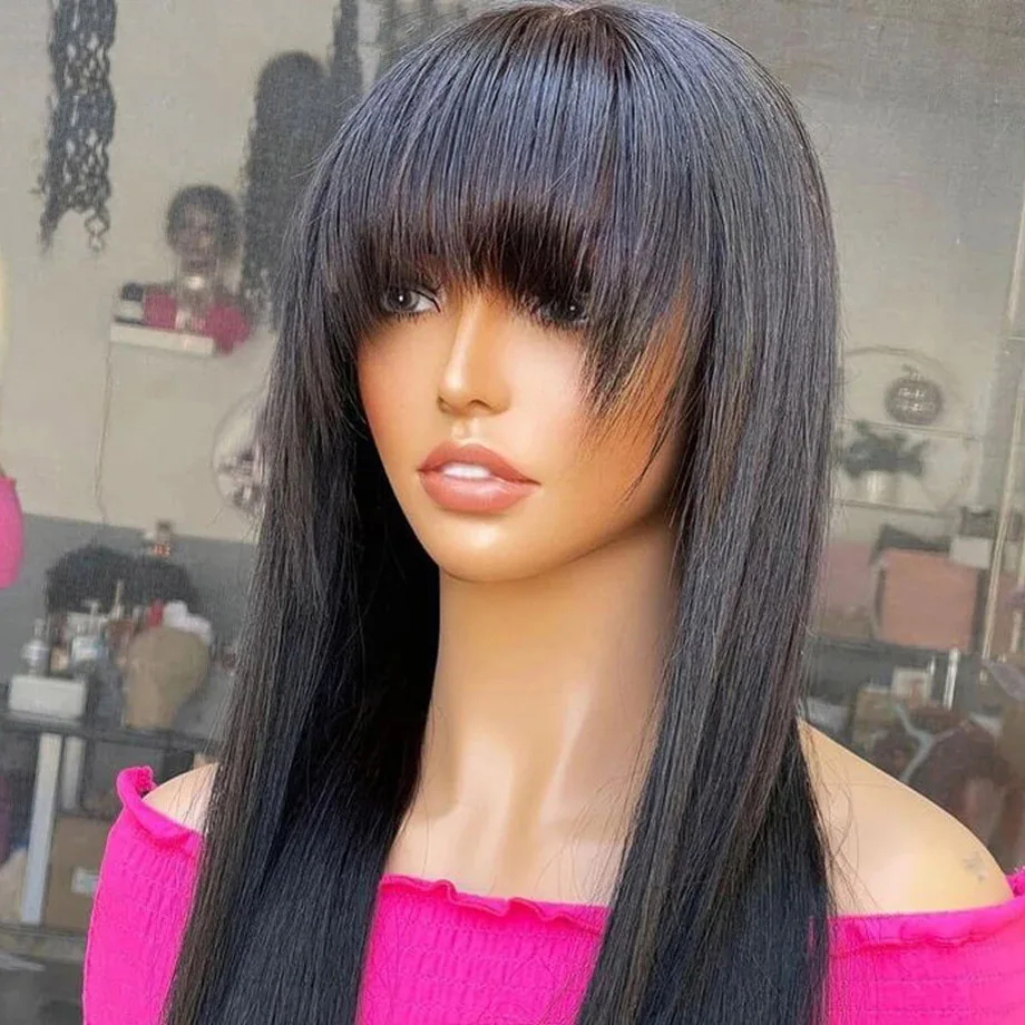 Straight Human Hair Wig With Bangs 30 32 Inch Full Machine Made Wig For Women Brazilian Hair Wigs On Sale Cheap Short Bob Wig